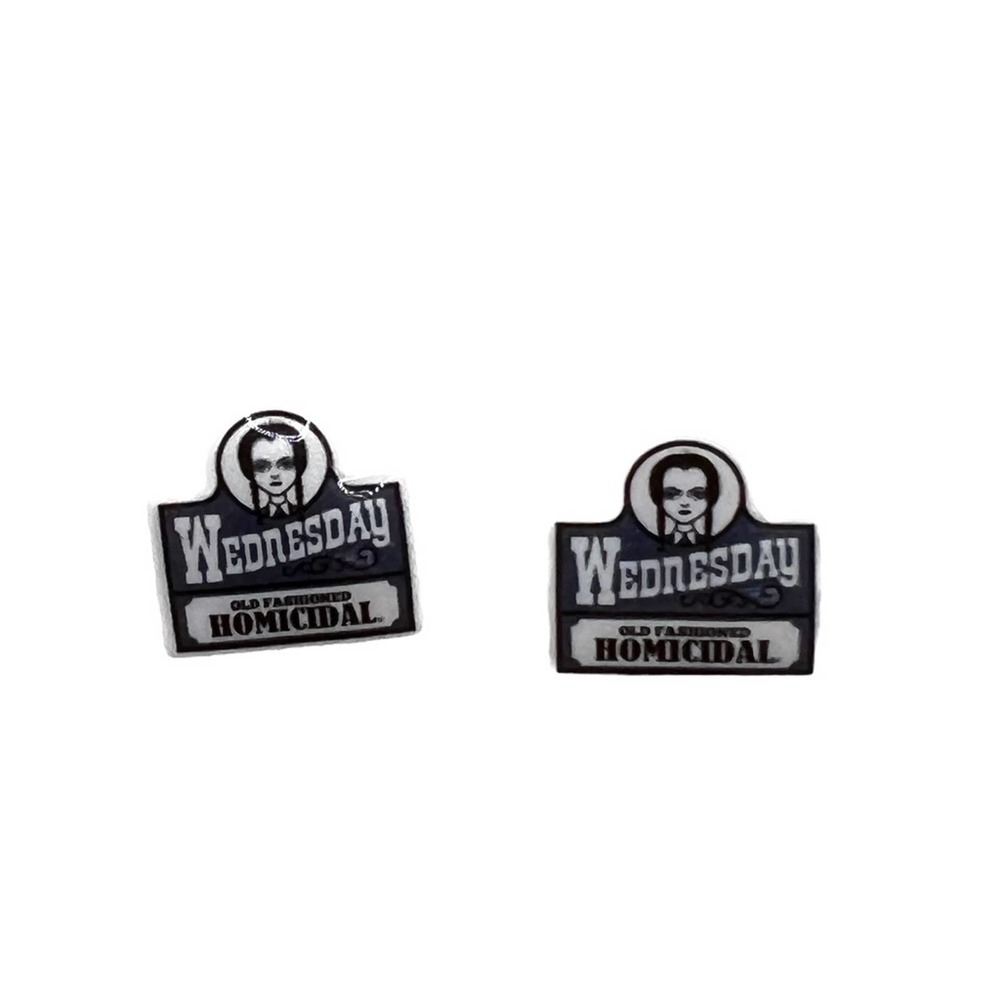 Wednesday Addams, Wendy’s logo small enamel stud earrings. Halloween goth. - Picture 3 of 9
